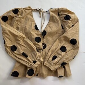 Tea & Cup Puff Sleeve V Neck Peplum Top Sz Small Tan Black Polka Dot Retro Pinup